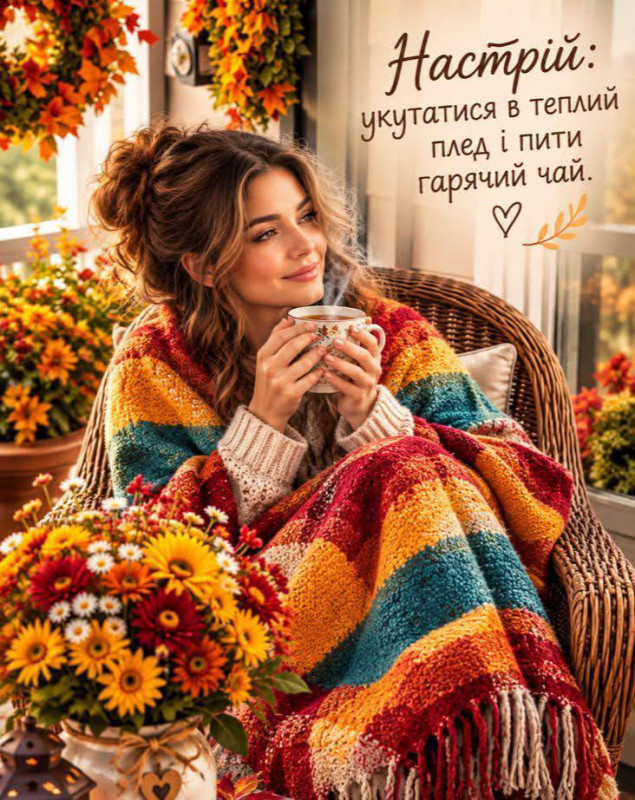 Листівка Осінній затишок з дівчиною та чашкою чаю