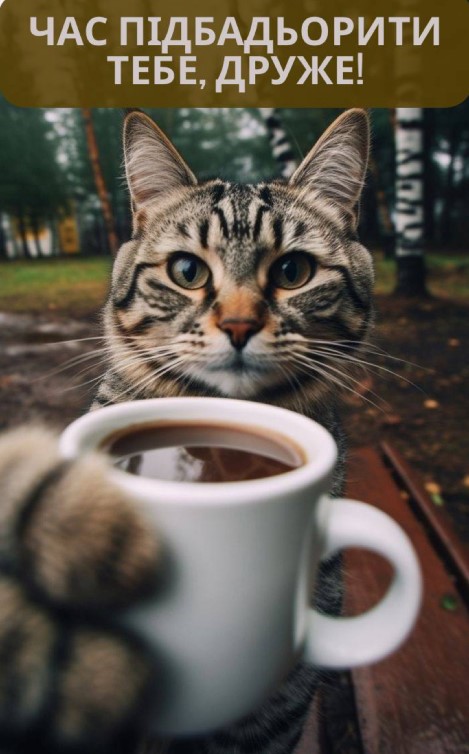 Кіт приніс чашку кави та хоче побажати гарного дня
