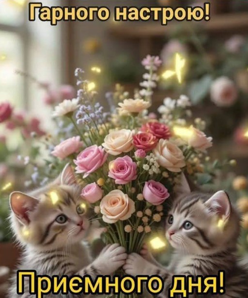 Листівка з котиками та квітами: Гарного настрою та дня!