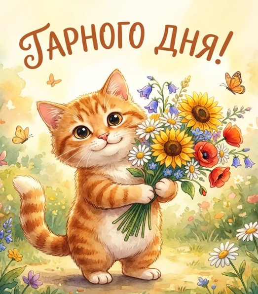 Милий рудий кошеня тримає в лапках яскравий букет польових квітів на фоні літнього лугу з метеликами, напис Гарного дня