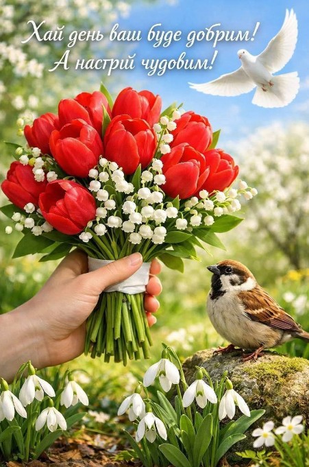 Жіноча рука тримає букет червоних тюльпанів та конвалій, поруч на камені сидить горобчик, у небі летить білий голуб.