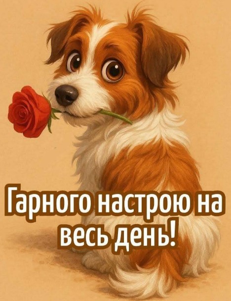 Листівка Гарного настрою на весь день з милим песиком і трояндою