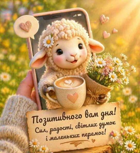 Мила листівка з баранчиком, побажання доброго ранку та дня