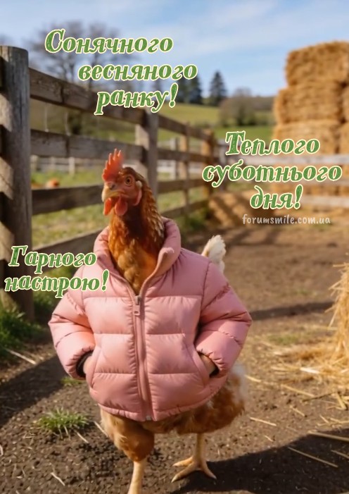 Листівка з куркою в куртці: побажання доброго ранку