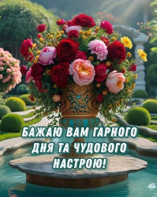 Листівка з побажанням гарного дня та яскравим букетом квітів