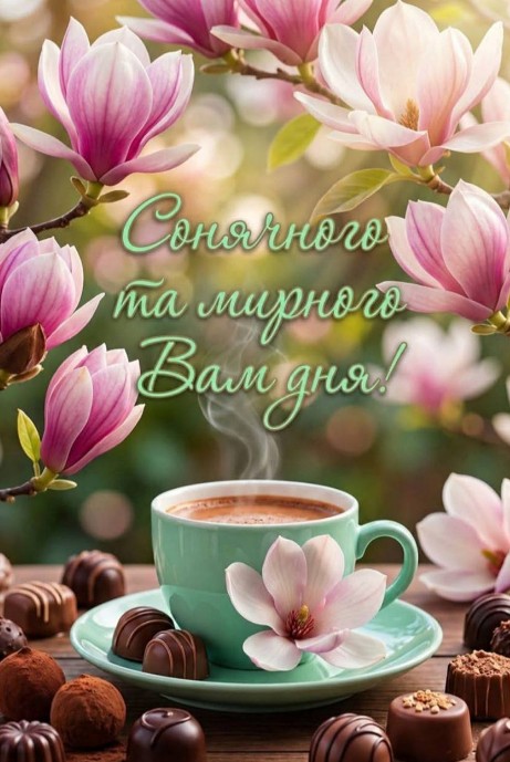 Чашка кави на блюдці з квіткою магнолії, поруч шоколадні цукерки на фоні квітучих магнолій, напис Сонячного та мирного дня.