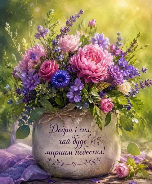 Листівка з квітами та побажанням миру