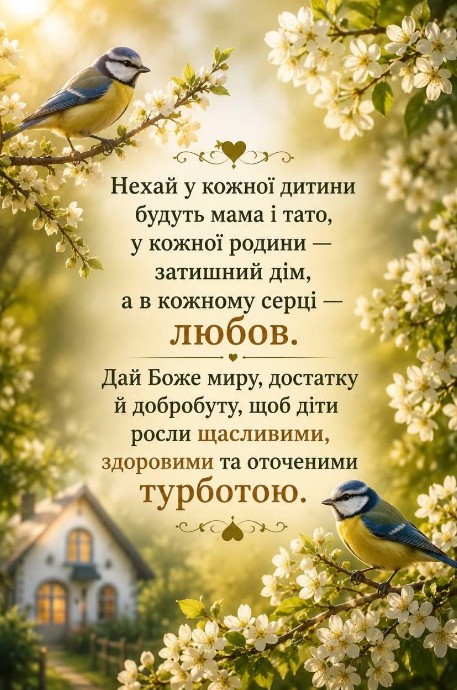Листівка з двома синичками на квітучих гілках, маленьким будиночком та зворушливим віршем про мир і щастя дітей.