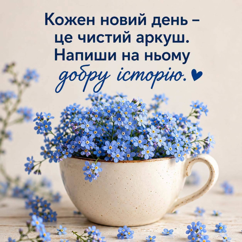 Біла керамічна чашка з букетом блакитних квітів незабудок на світлому фоні з написом українською мовою.