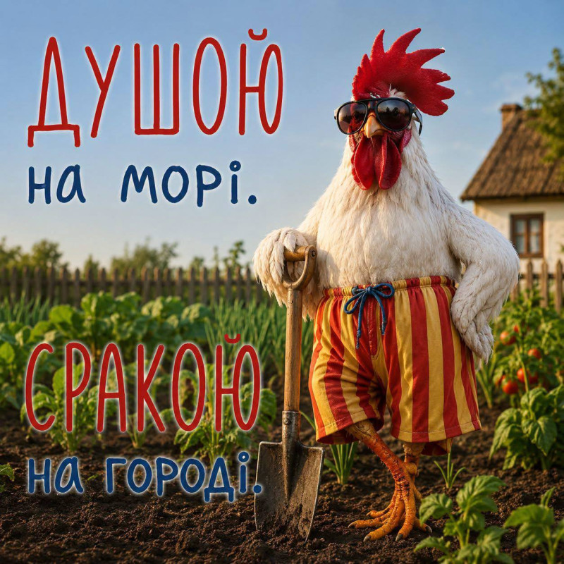 Смішна листівка з куркою в сонцезахисних окулярах та смугастих шортах, що стоїть з лопатою на городі.