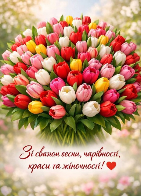 Листівка з весняними тюльпанами: Зі святом весни