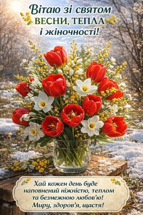 Вітальна листівка з весняними квітами: тюльпани та мімоза