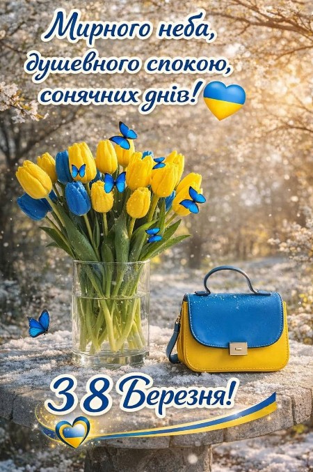 Листівка з 8 Березня: жовто-блакитні тюльпани та сумочка