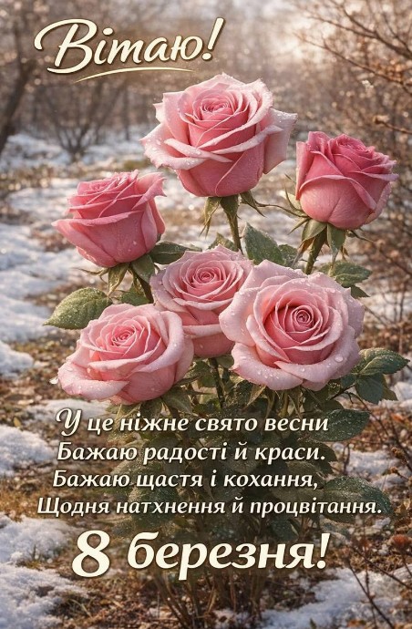 Листівка з 8 Березня: ніжні рожеві троянди для привітання