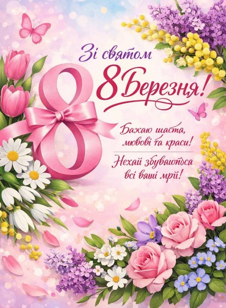 Листівка з 8 Березня з квітами та привітанням