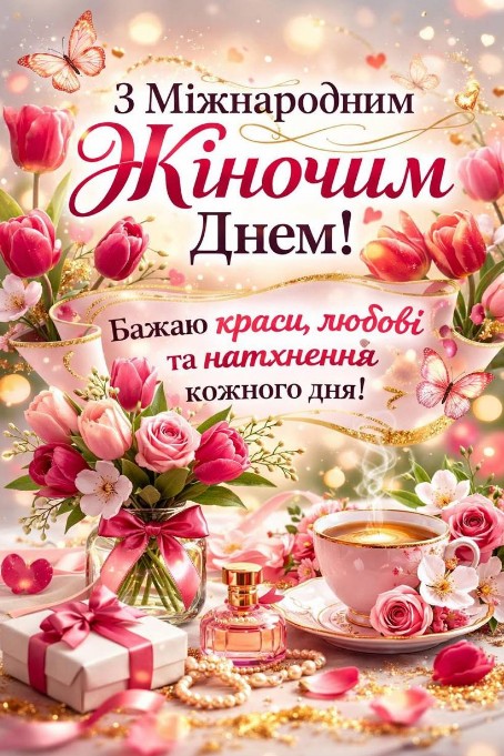 Листівка з Міжнародним жіночим днем: квіти та подарунки