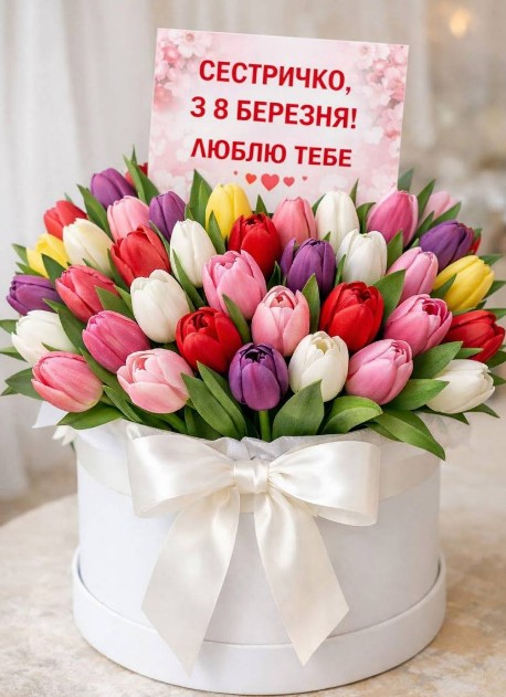Листівка з 8 Березня для сестри — букет різнокольорових тюльпанів