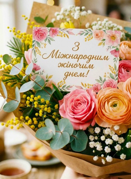 Вітальна листівка з 8 Березня: ніжний букет квітів