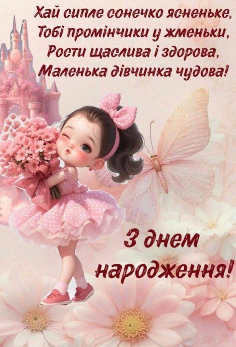 Листівка з днем народження для дівчинки з квітами та замком