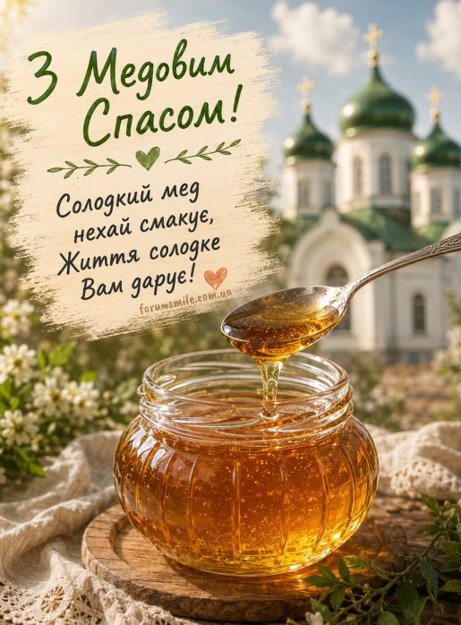 Баночка з медом та ложка на фоні церкви, листівка з написом З Медовим Спасом