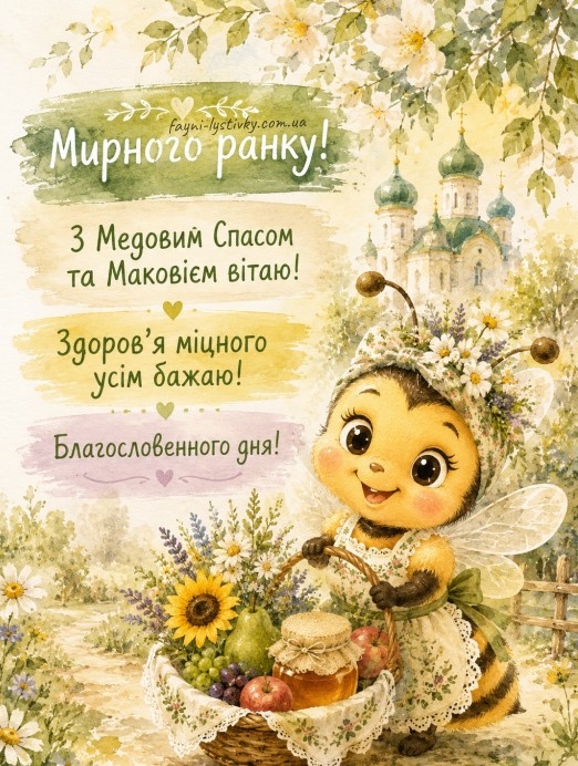Мила мультяшна бджілка з кошиком меду та фруктів на фоні церкви, листівка до Медового Спасу