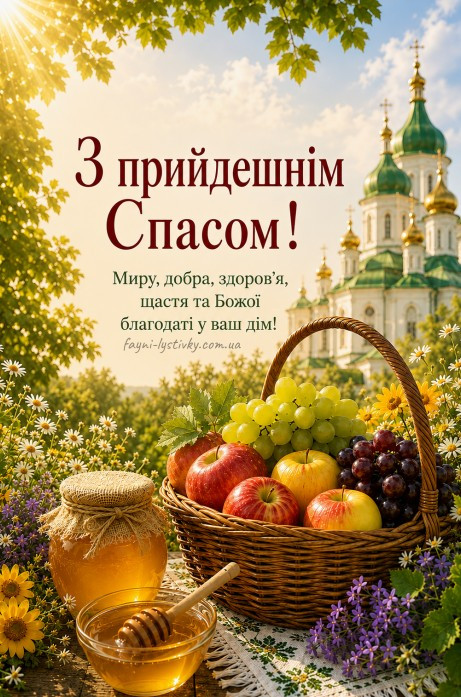 Святковий кошик з яблуками, виноградом та баночкою меду на фоні православної церкви до свята Спаса