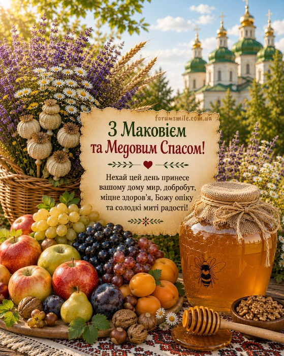 Святкова листівка на Медовий Спас з медом, кошиком фруктів, маковими голівками та церквою на фоні