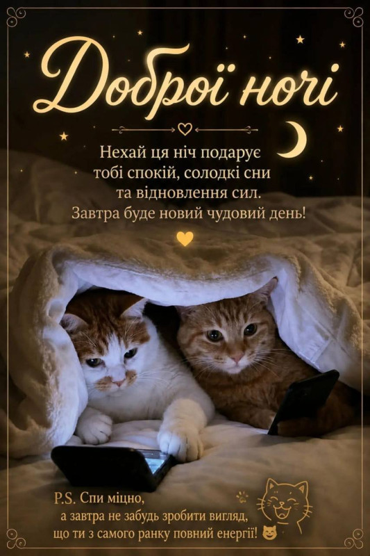 Листівка Доброї ночі з котиками під ковдрою з телефонами