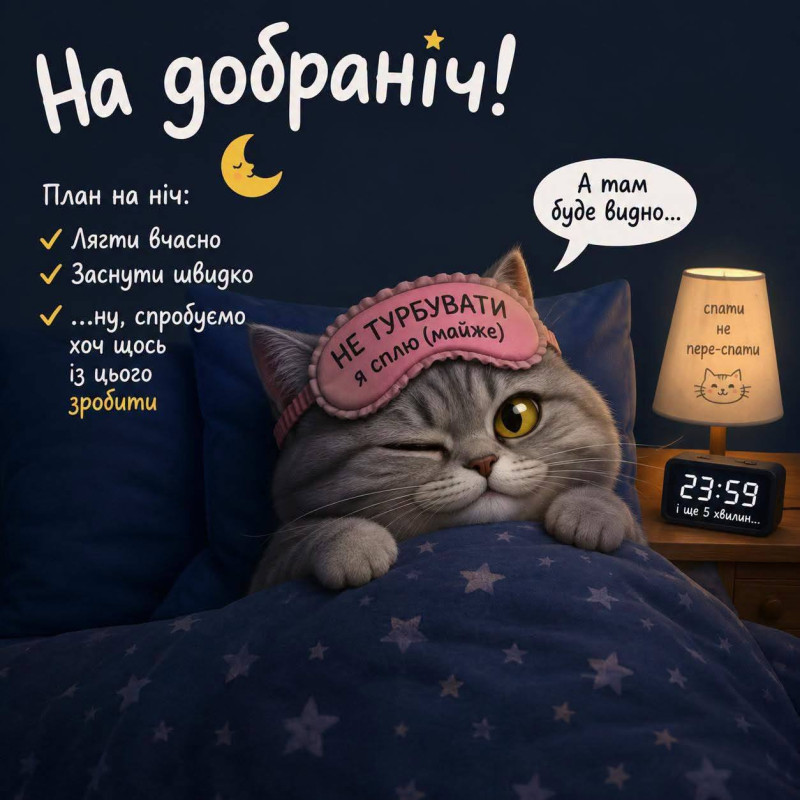 Листівка На добраніч з кумедним котиком 