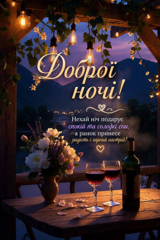 Листівка Доброї ночі з келихами вина та квітами