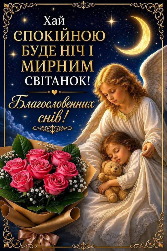 Ангел обіймає дитину з іграшковим ведмедиком, поруч букет троянд, напис з побажанням спокійної ночі та мирного світанку.