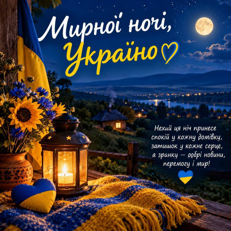 Листівка з написом Мирної ночі Україно, свічкою, соняшниками та українським прапором на фоні нічного пейзажу