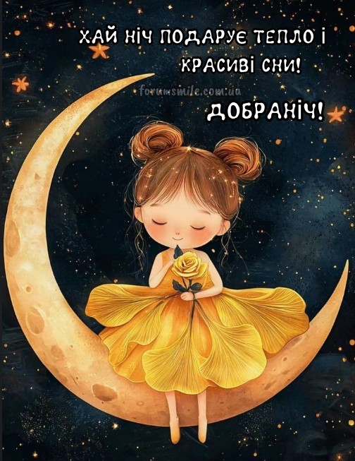 Малюнок маленької дівчинки у жовтій сукні, що сидить на півмісяці і тримає жовту троянду на фоні нічного зоряного неба