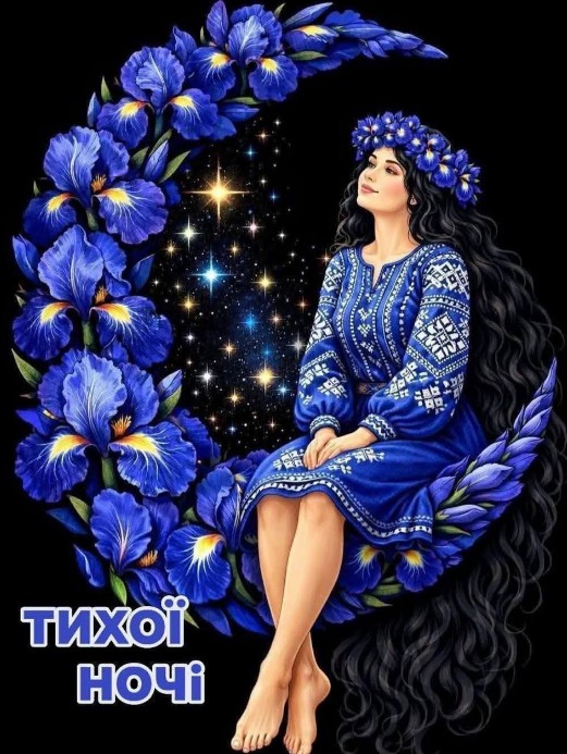 Листівка Тихої ночі з дівчиною у вишиванці та квітами ірису