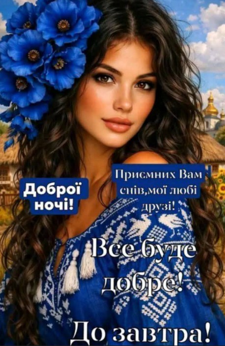 Листівка Доброї ночі з українськими мотивами та квітами