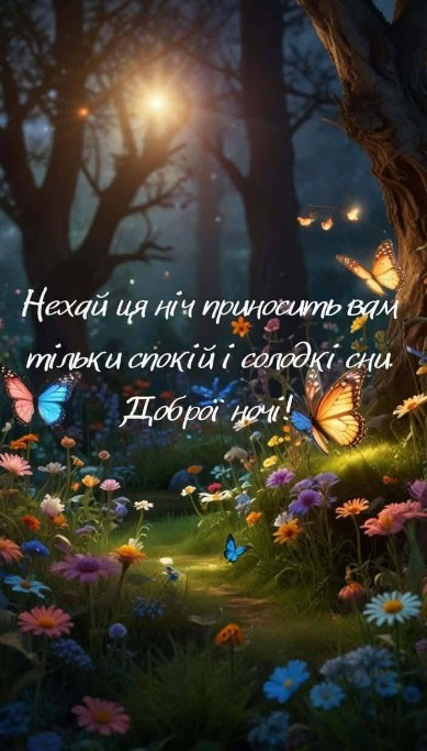 Листівка Доброї ночі з метеликами та квітами