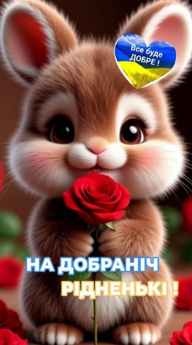 Милий коричневий кролик тримає червону троянду, зверху серце в кольорах прапора України з написом Все буде добре