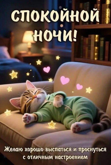 Листівка Спокійної ночі з милим котиком у піжамі