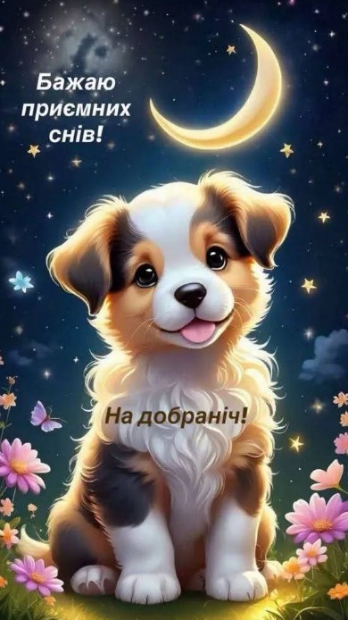 Листівка На добраніч з милим цуценям та зірками