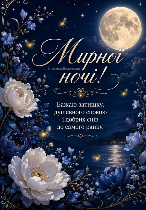 Нічна листівка з написом Мирної ночі.
