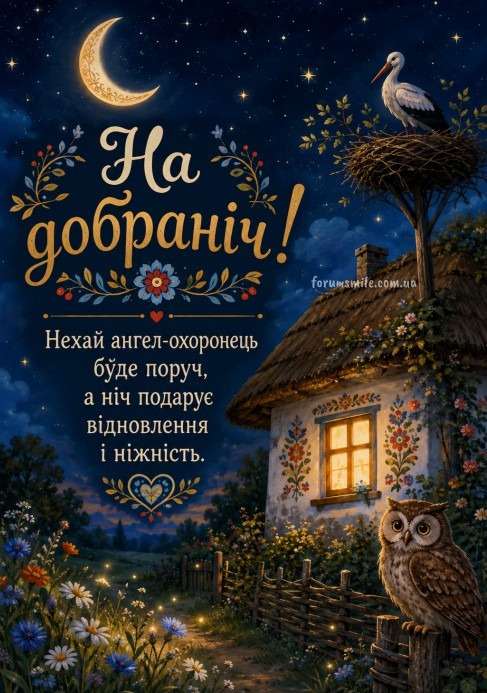 Нічний пейзаж з хатинкою, лелекою в гнізді на даху та совою, з написом На добраніч в українському стилі