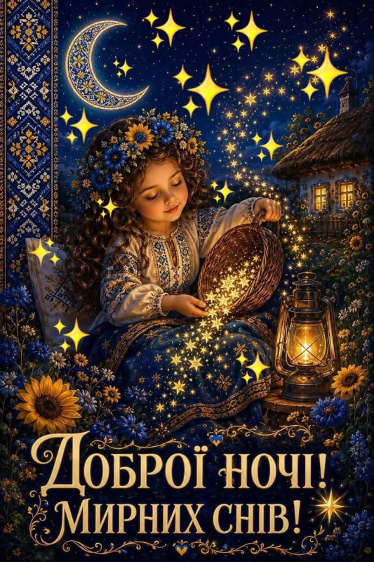 Листівка Доброї ночі та мирних снів з українськими мотивами