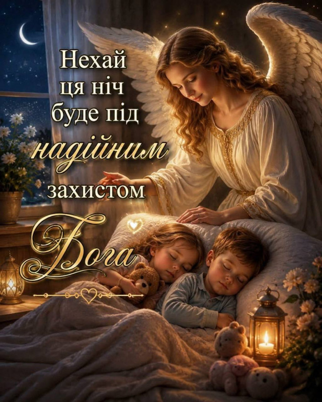 Листівка з ангелом охоронцем, побажання спокійної ночі.