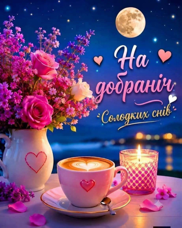 Листівка з написом На добраніч та солодких снів, букет рожевих троянд у вазі, чашка кави та свічка на фоні нічного неба