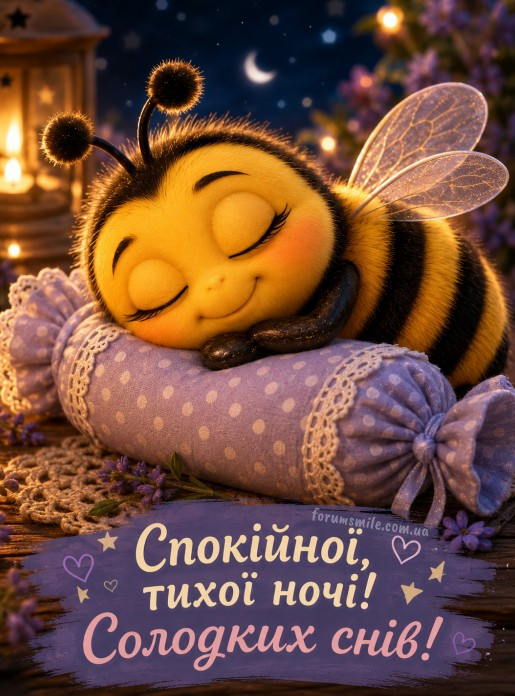 Мила мультяшна бджілка спить на фіолетовій подушці з написом Спокійної тихої ночі