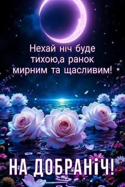 Листівка На добраніч: нічний пейзаж з квітами та місяцем