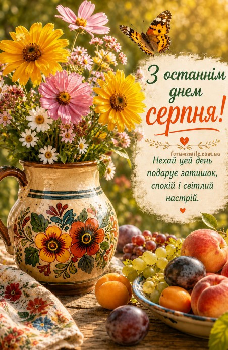 Листівка З останнім днем серпня: квіти та фрукти
