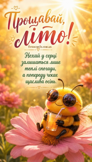 Листівка Прощавай літо: мила бджілка з напоєм у квітах