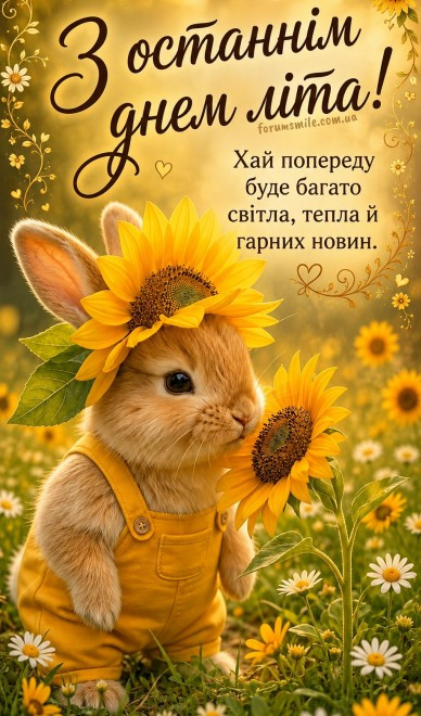 Листівка З останнім днем літа: милий кролик із соняшниками