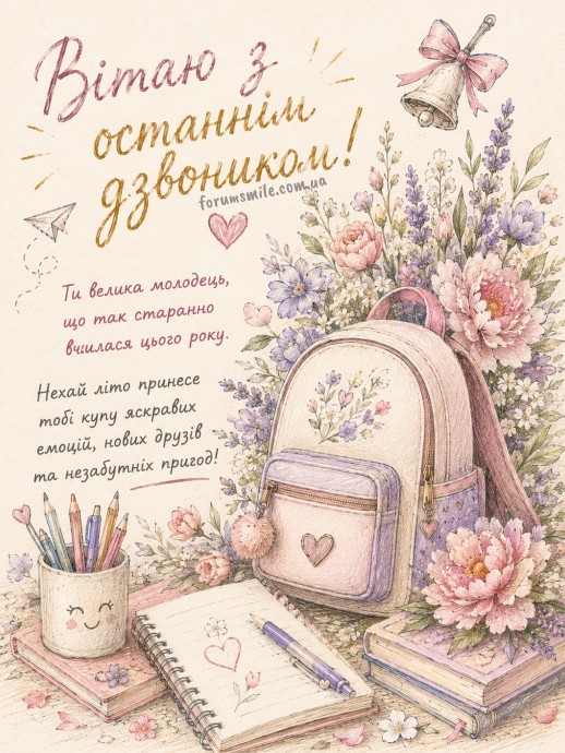 Вітаю з останнім дзвоником! Ти молодець, що так старанно вчилася цього року!